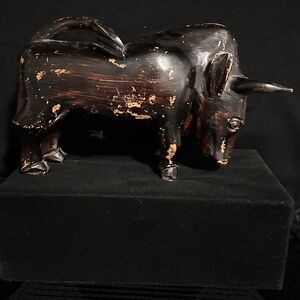 Antique with great patina hand carved Black Bull Sculpture
